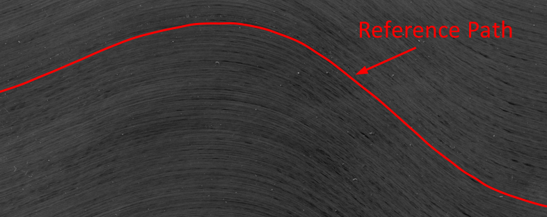 Tow-steered carbon fibre with red reference path line width=