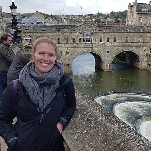 Zoe Davidson by the Pulteney Bridge weir in Bath