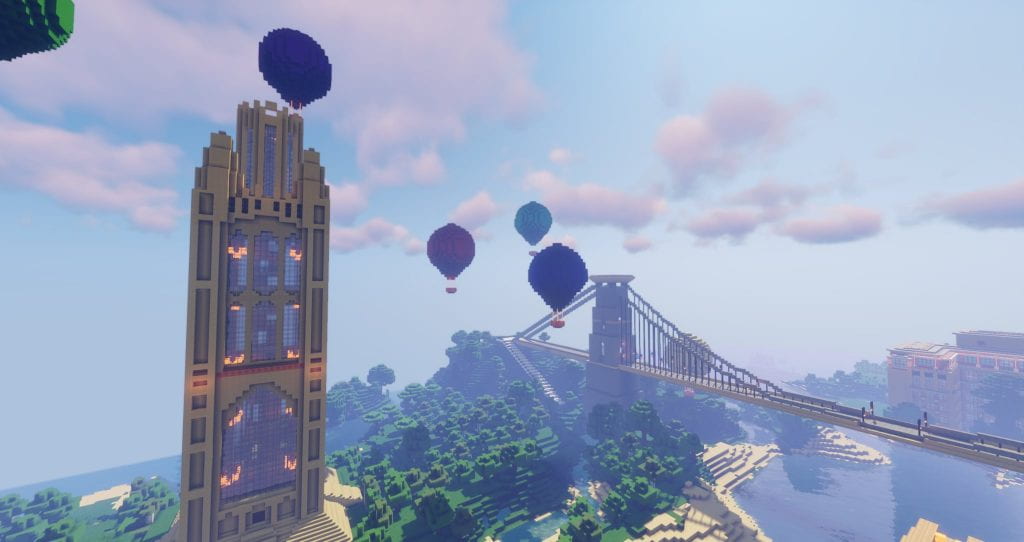 The Wills Memorial Building on Minecraft with the Clifton Suspension Bridge and hot air balloons in the background