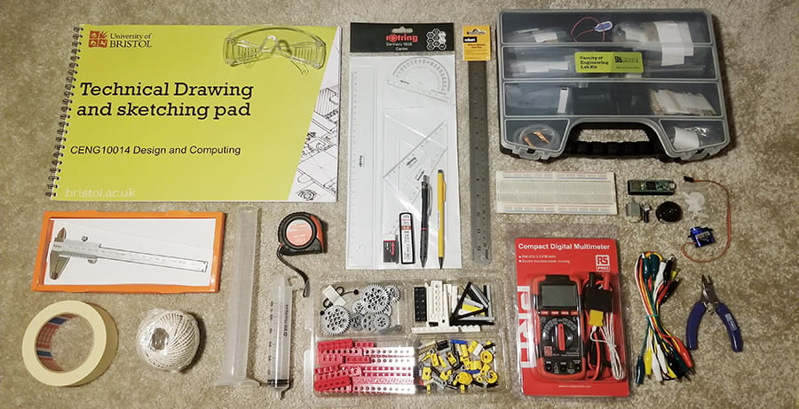Flaylay of engineering kits items on floor