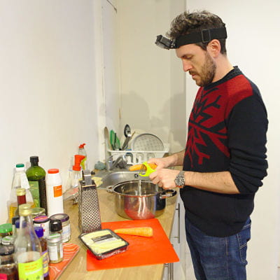 Researcher wearing a headset for kitchen tasks
