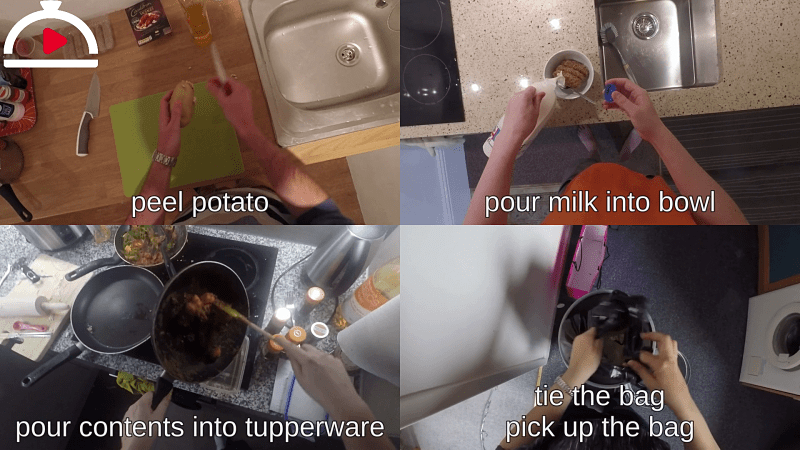 kitchen tasks: peel potato, pour milk into bowl, pour contents into tupperware, tie and pick up a bin bag