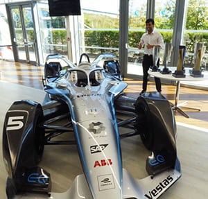Rohit with the race-winning Formula E car, driven by Stoffel Vandoorne