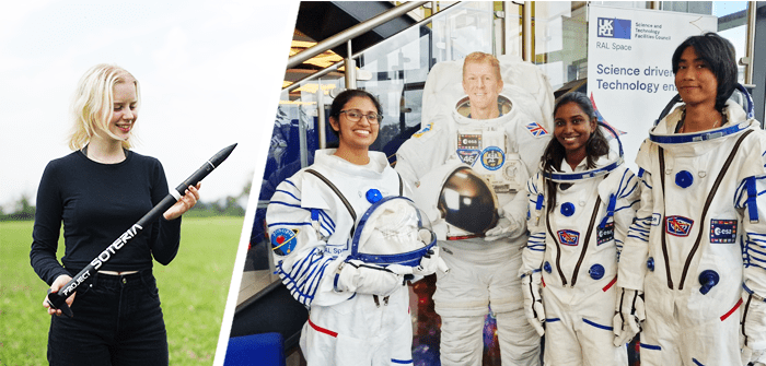  Female student (left) stood with rocket prop. Students in space suits stood aside Tim Peake cut out (right)