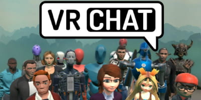 Group of avatars with VR Chat logo in speech bubble.