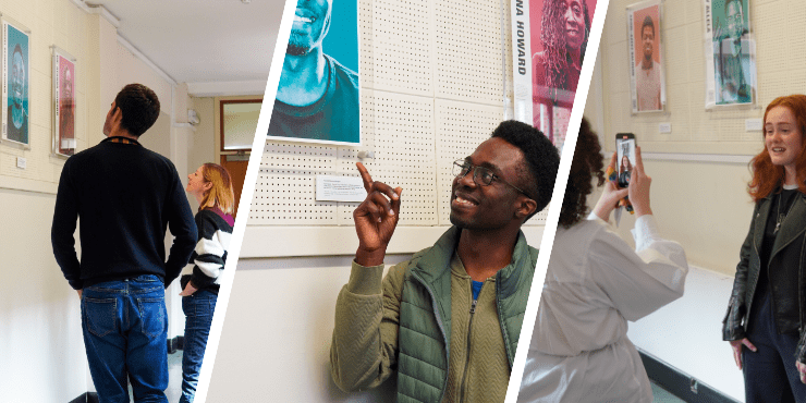 left: people looking at posters, middle: Roussel Desmond Nzoyem, right: Lois Miller and poster of Hannah Schmitz
