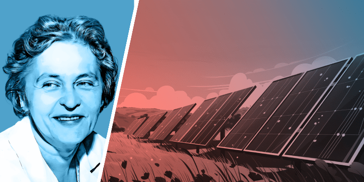 left: Maria Telkes, right: graphic of solar panels in field