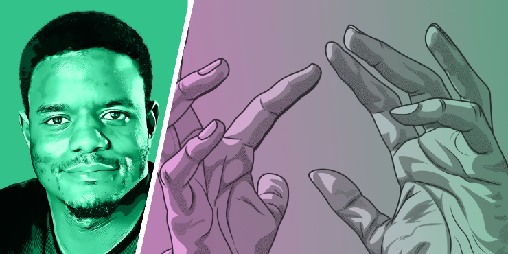 left: Roy Allela, right graphic of hands