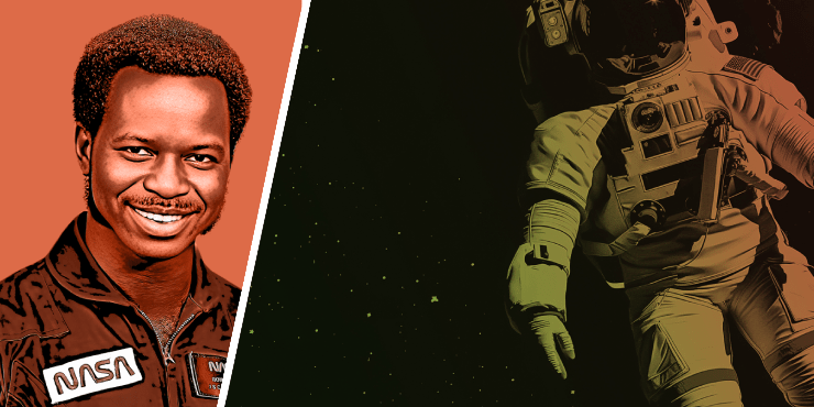 Left: Ronald McNair, right: graphic of astronaut in space suit